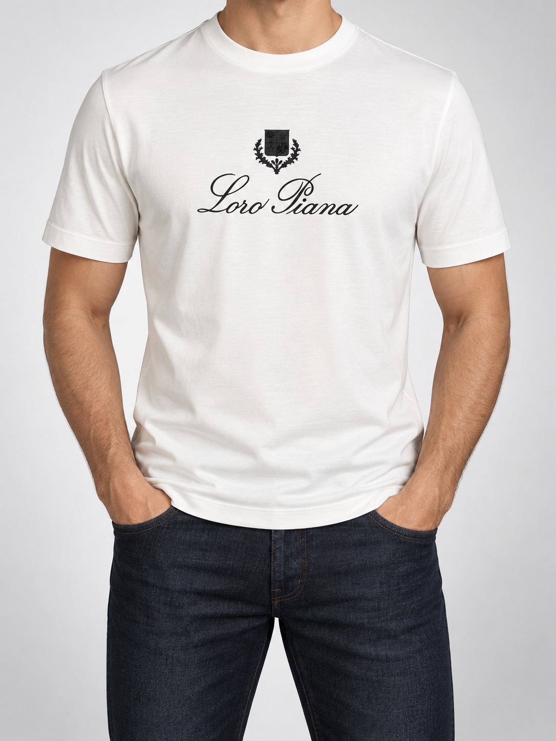 Men’s Ivory-White Black Crest-Script T-Shirt - front view