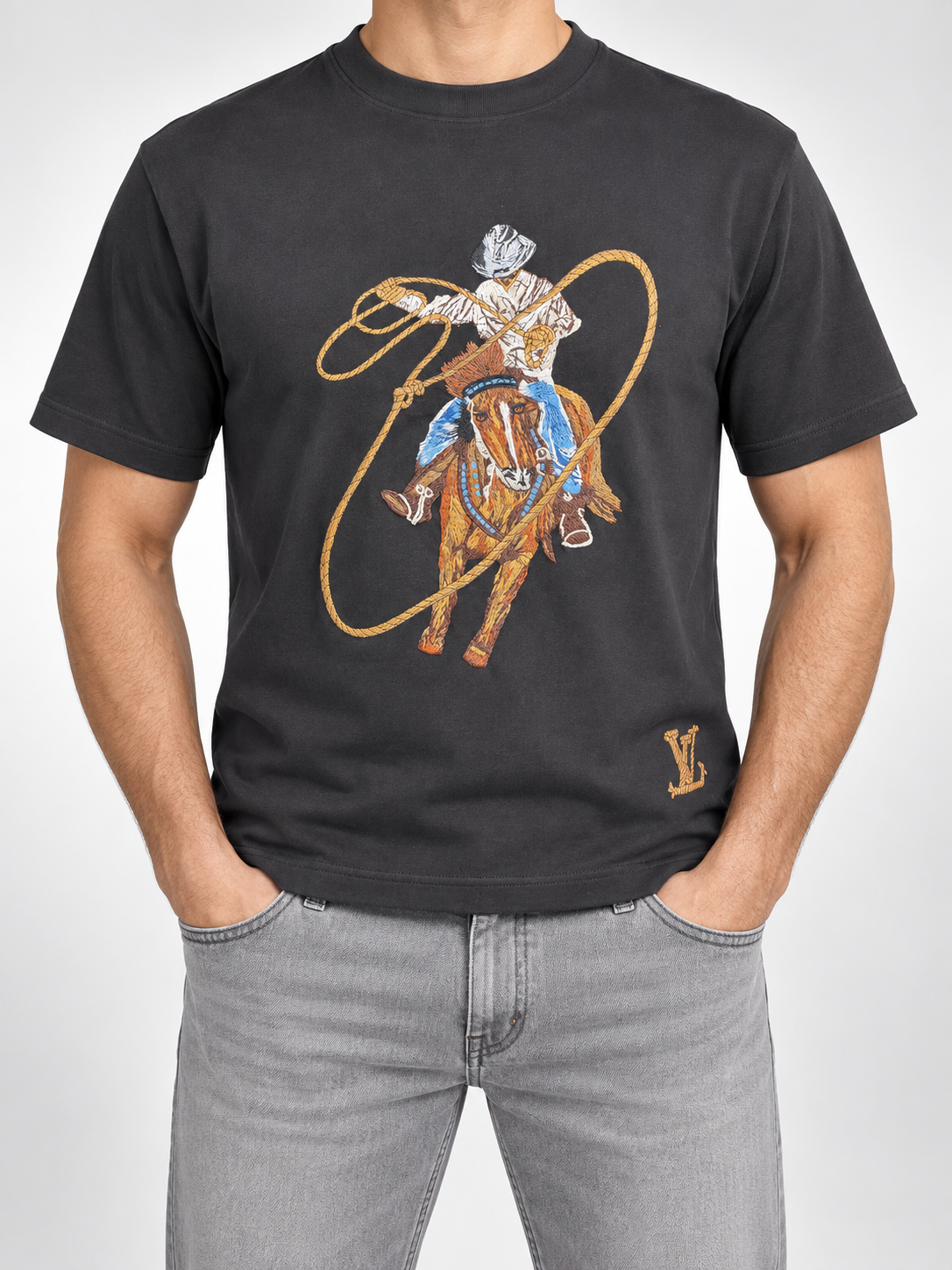 Men’s Charcoal Cowboy Embroidered T-Shirt - front view