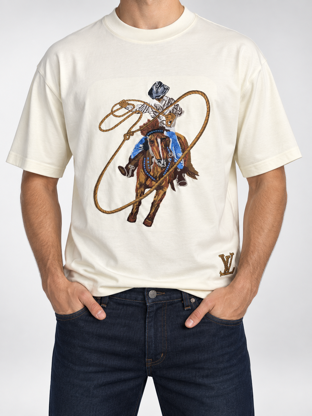 Men’s Ivory Cowboy Embroidered T-Shirt - front view