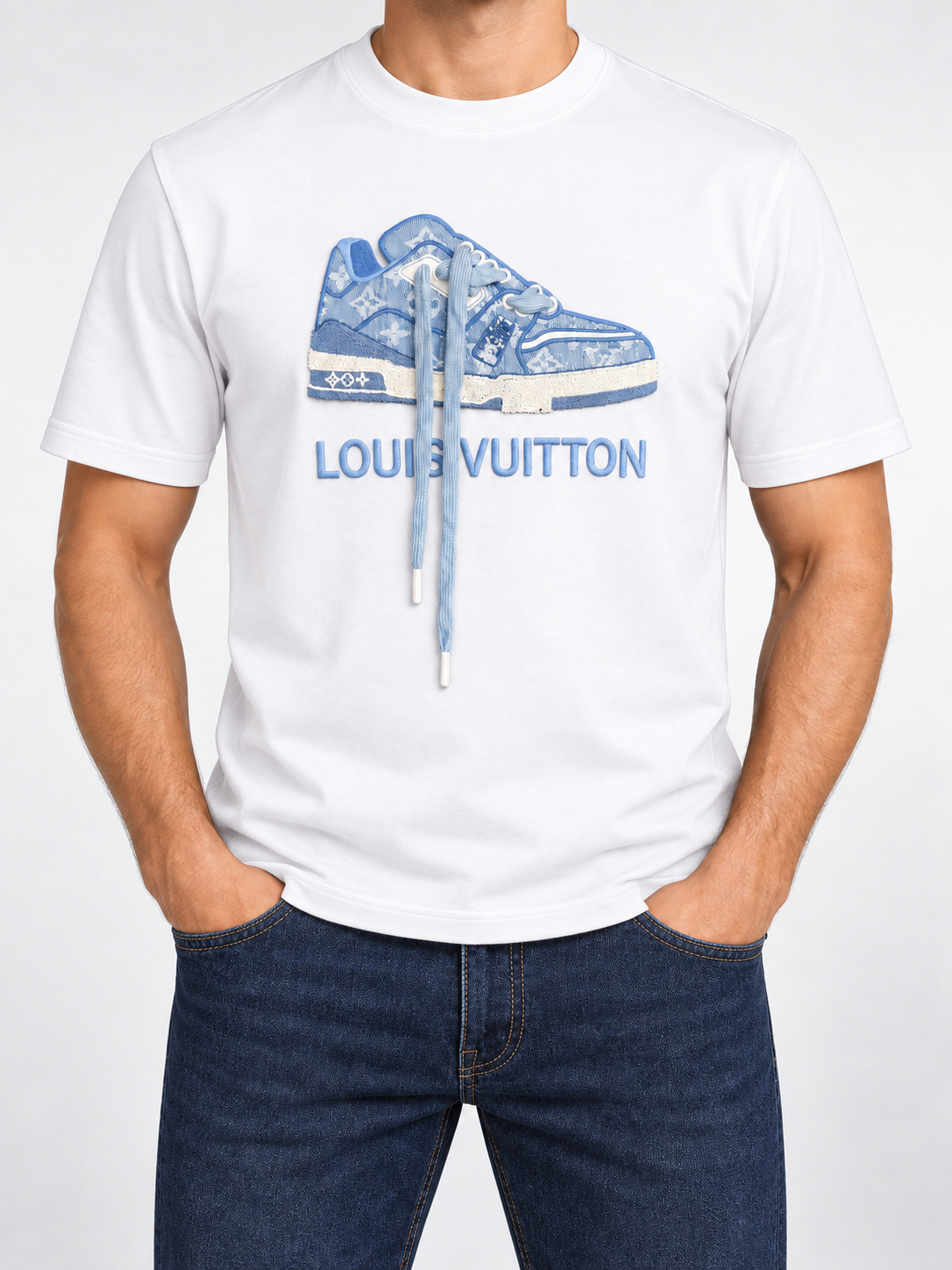 Men’s White Blue Sneaker Graphic T-Shirt - front view