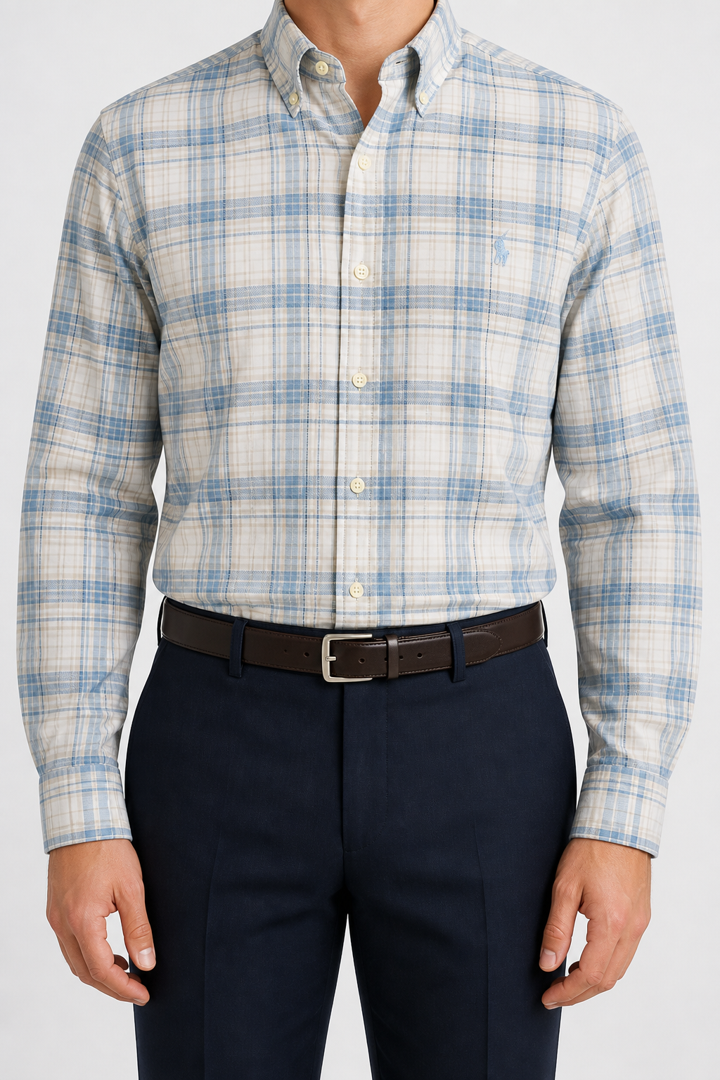 Men’s Cream and Blue Plaid Shirt - front view
