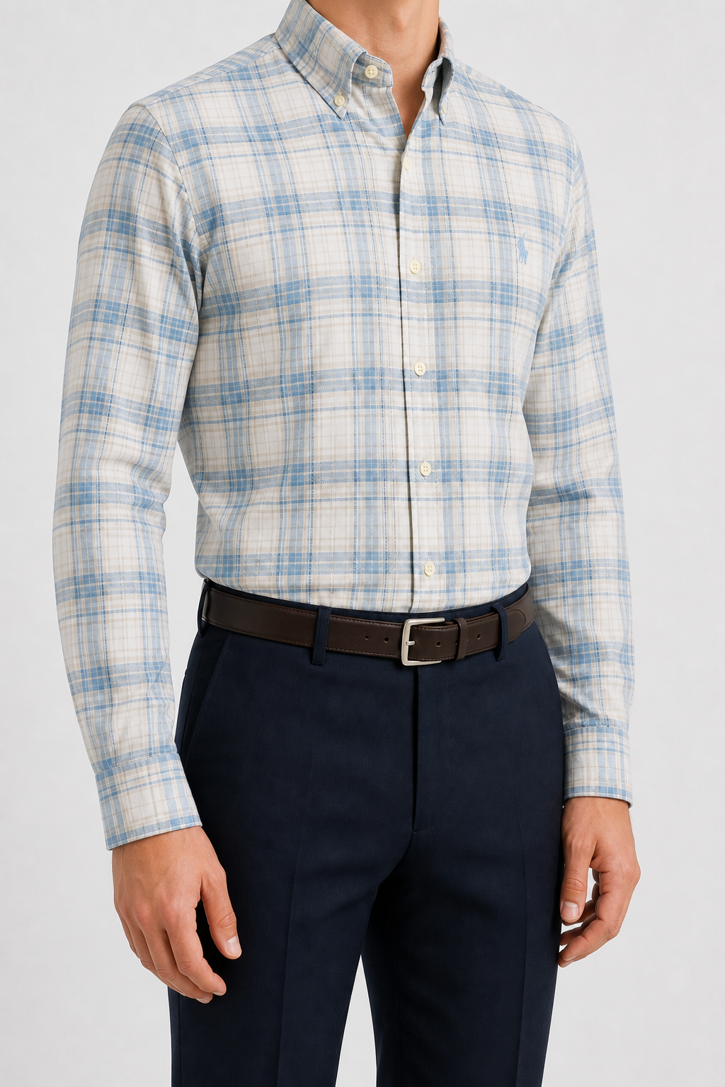 Men’s Cream and Blue Plaid Shirt - view 3