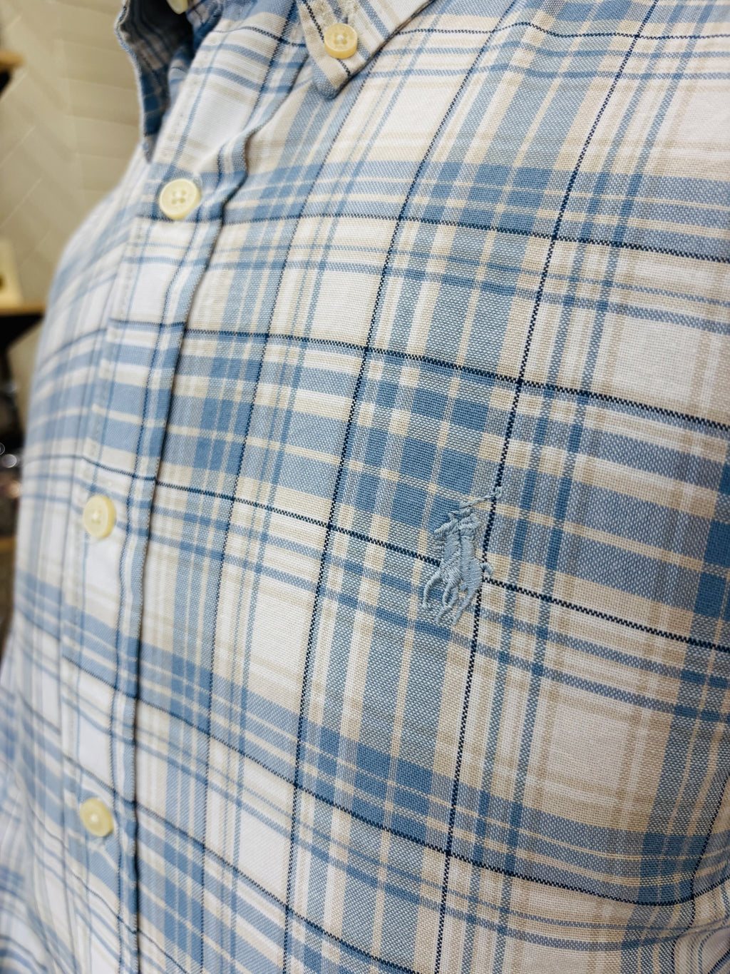 Men’s Cream and Blue Plaid Shirt - view 4