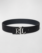 RL — Black and Blue Reversible Silver-Tone Logo Buckle Belt