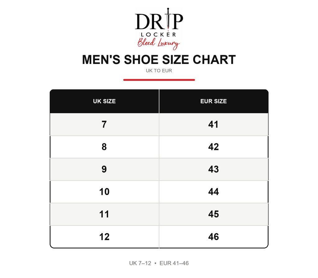Drip Locker men's shoe size chart: UK 7–12 and EUR 41–46