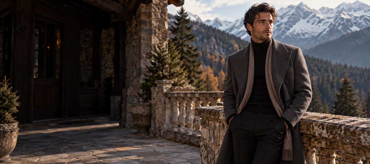 Winter campaign — tailored charcoal overcoat, black turtleneck and cashmere scarf in an Alpine setting
