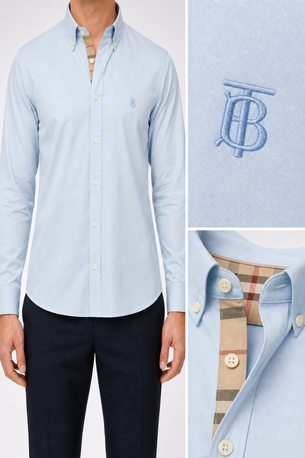 Men’s Pale Blue Check-Detail Shirt - light blue shirt no sleeve print details combined