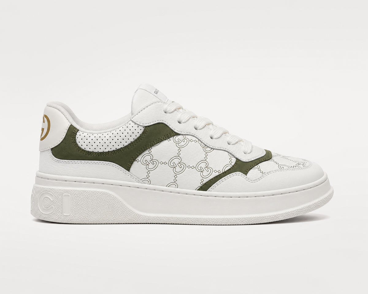 Men’s White & Olive patterned Low-Top Sneakers - luxury Gucci low top sneaker profile