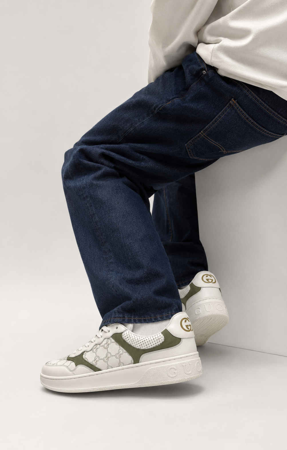 Men’s White & Olive patterned Low-Top Sneakers - luxury gucci sneakers on model