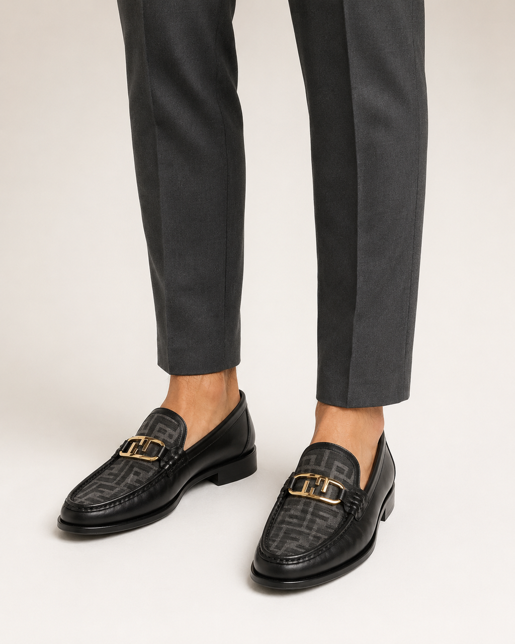 Men’s Black patterned Gold-Buckle Loafers - luxury men's charcoal loafers portrait