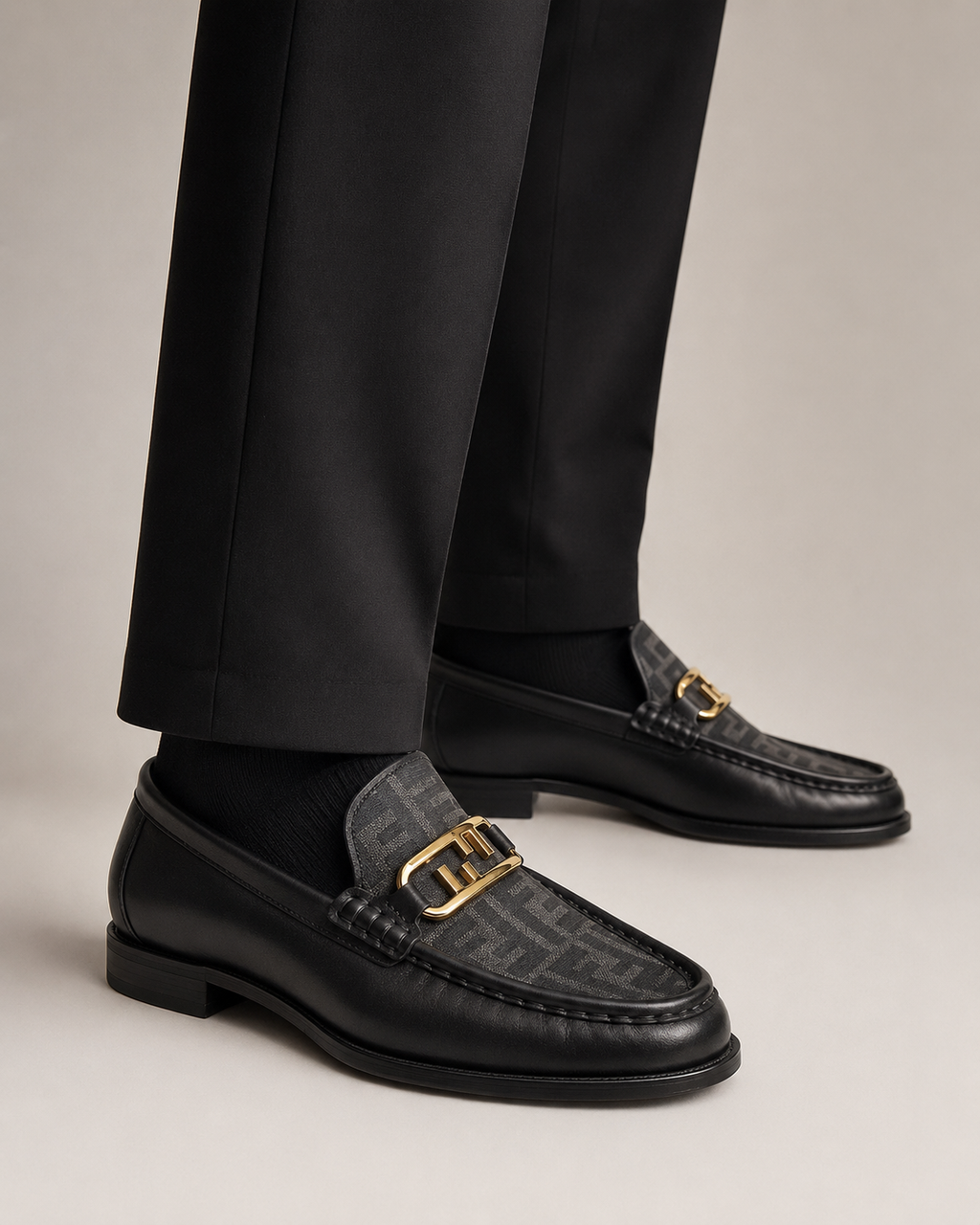 Men’s Black patterned Gold-Buckle Loafers - luxury men's loafers side profile