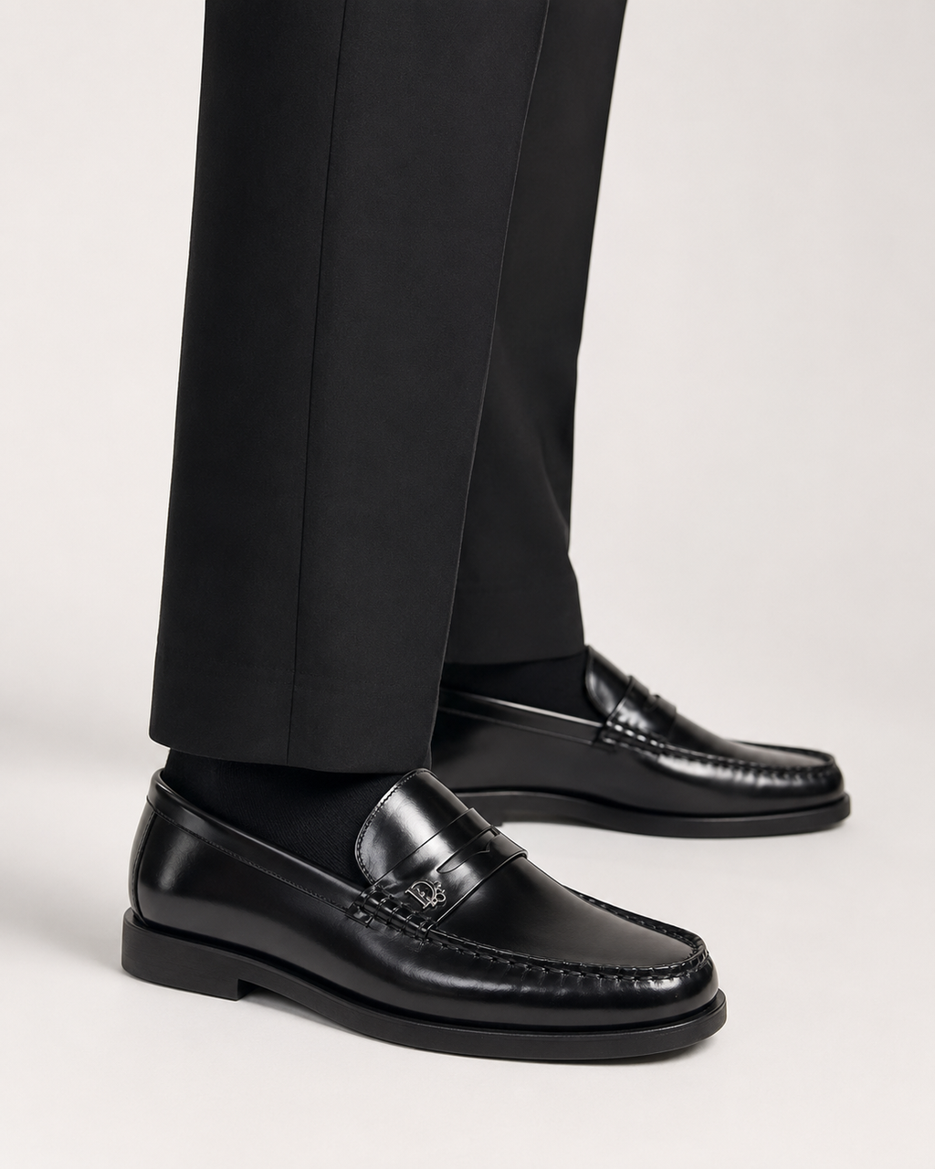 Men’s Black Polished Penny Loafers - men's black polished leather loafers side view