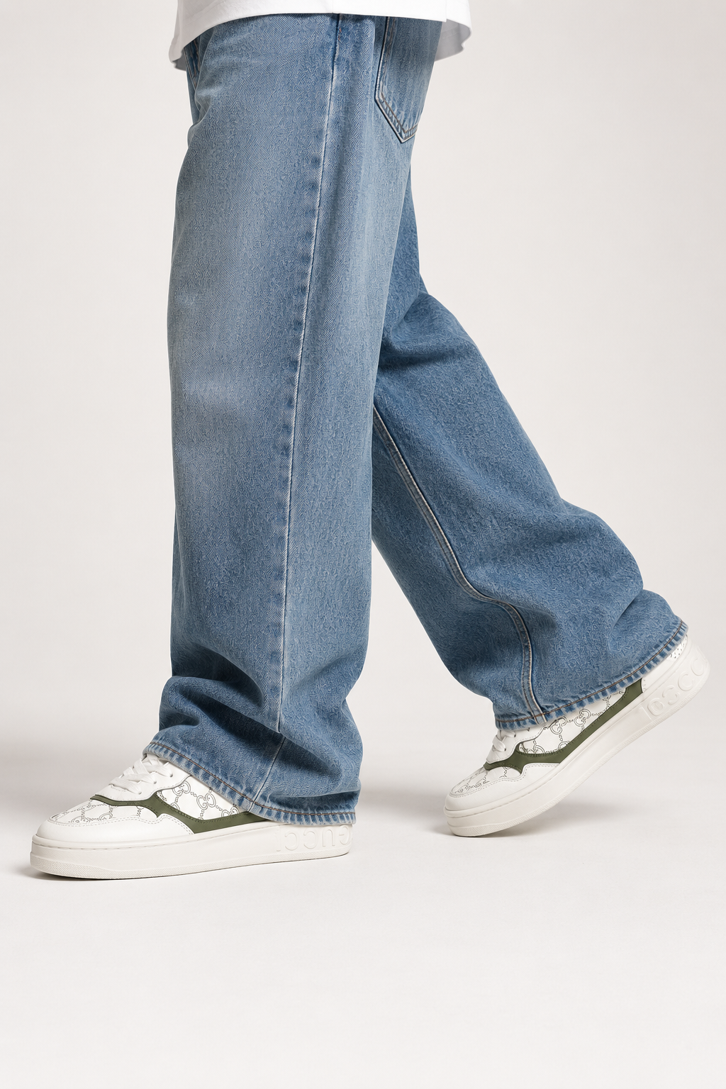 Men’s White & Olive patterned Low-Top Sneakers - men’s luxury sneakers mid step portrait