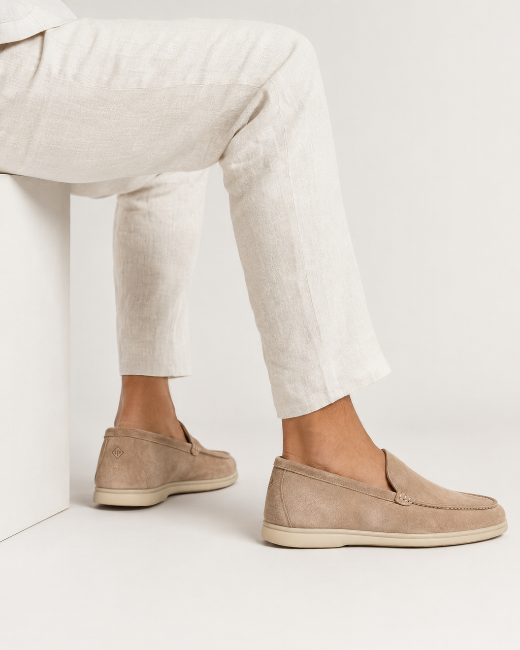Men’s Taupe Suede Loafers - men's taupe suede loafers on model