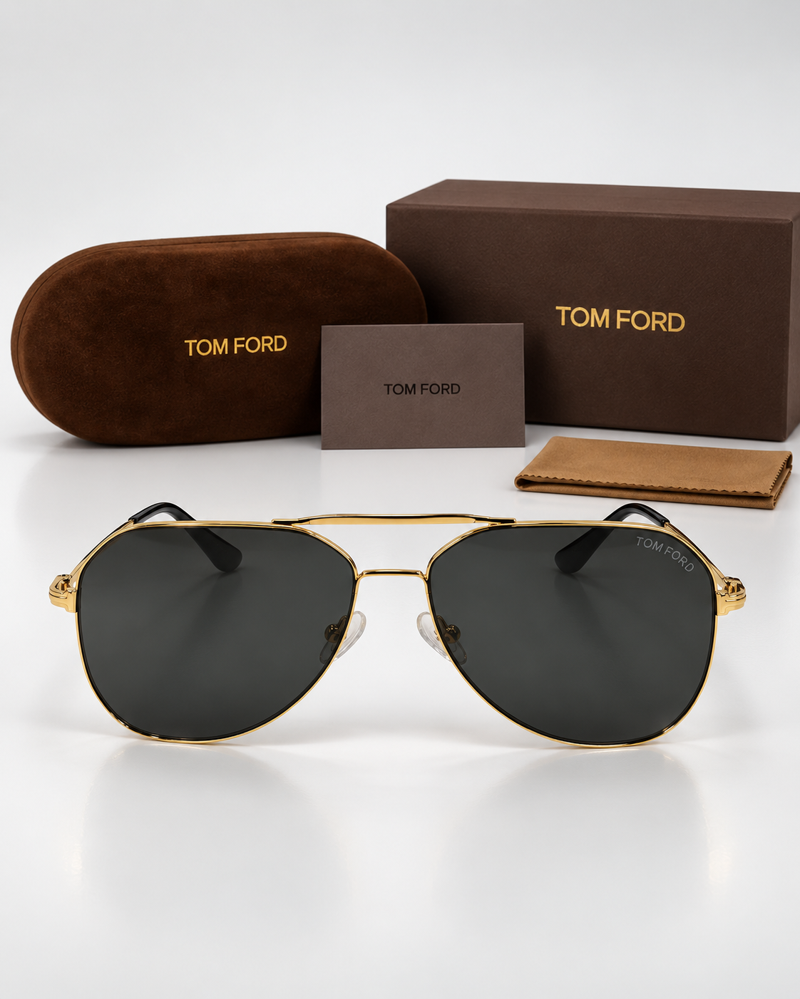 tom ford gold geometric aviator sunglasses — packaging set