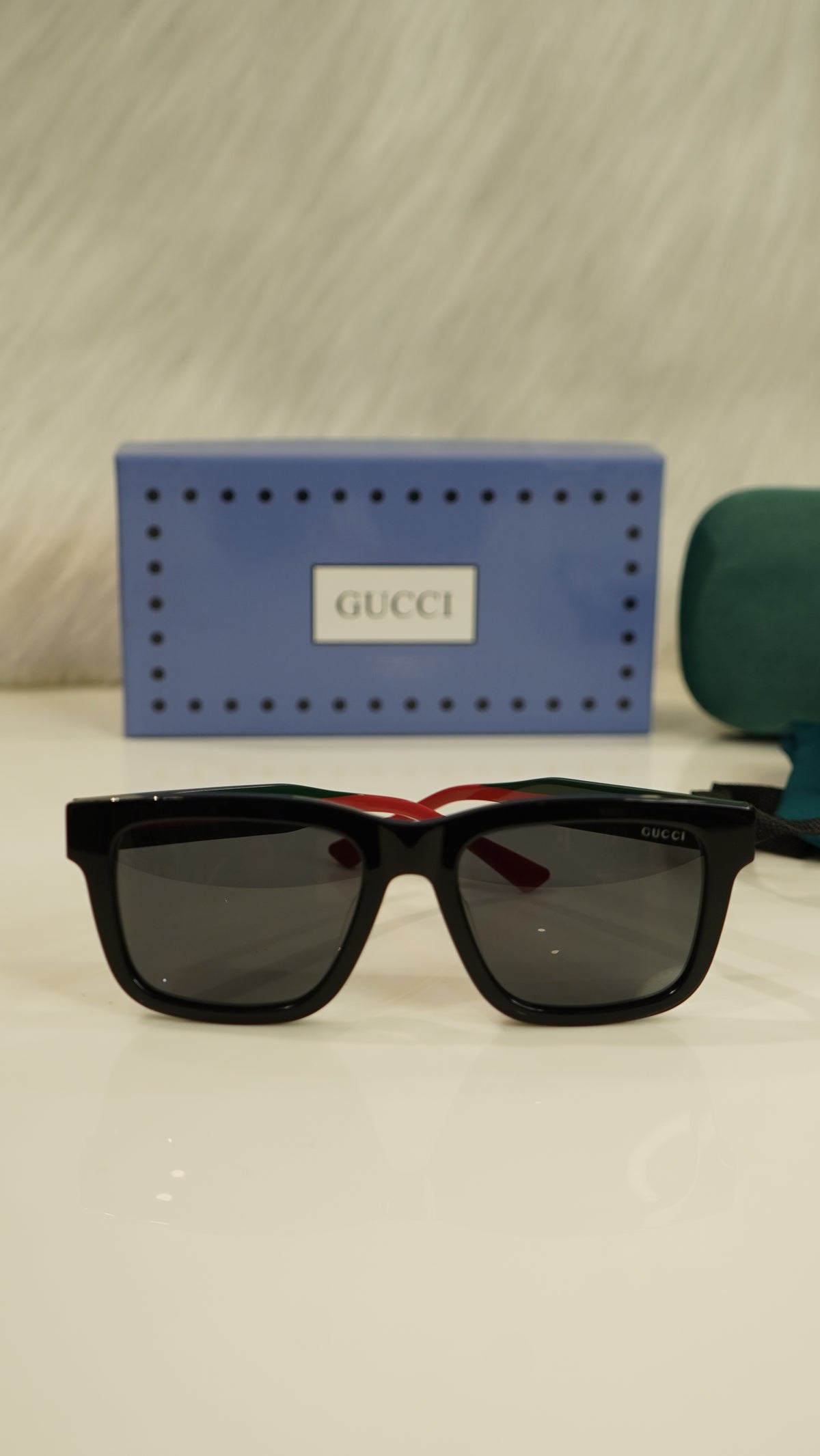 GG black square sunglasses with red and green temples — view 1