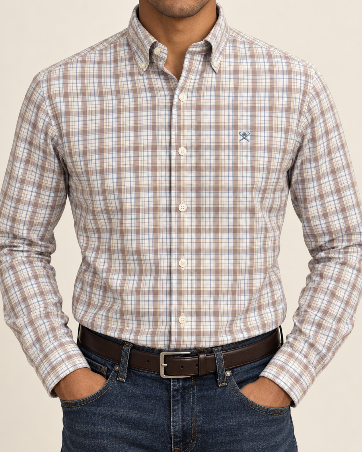 HKTT — Ivory Taupe Plaid Button-Down Shirt — front view