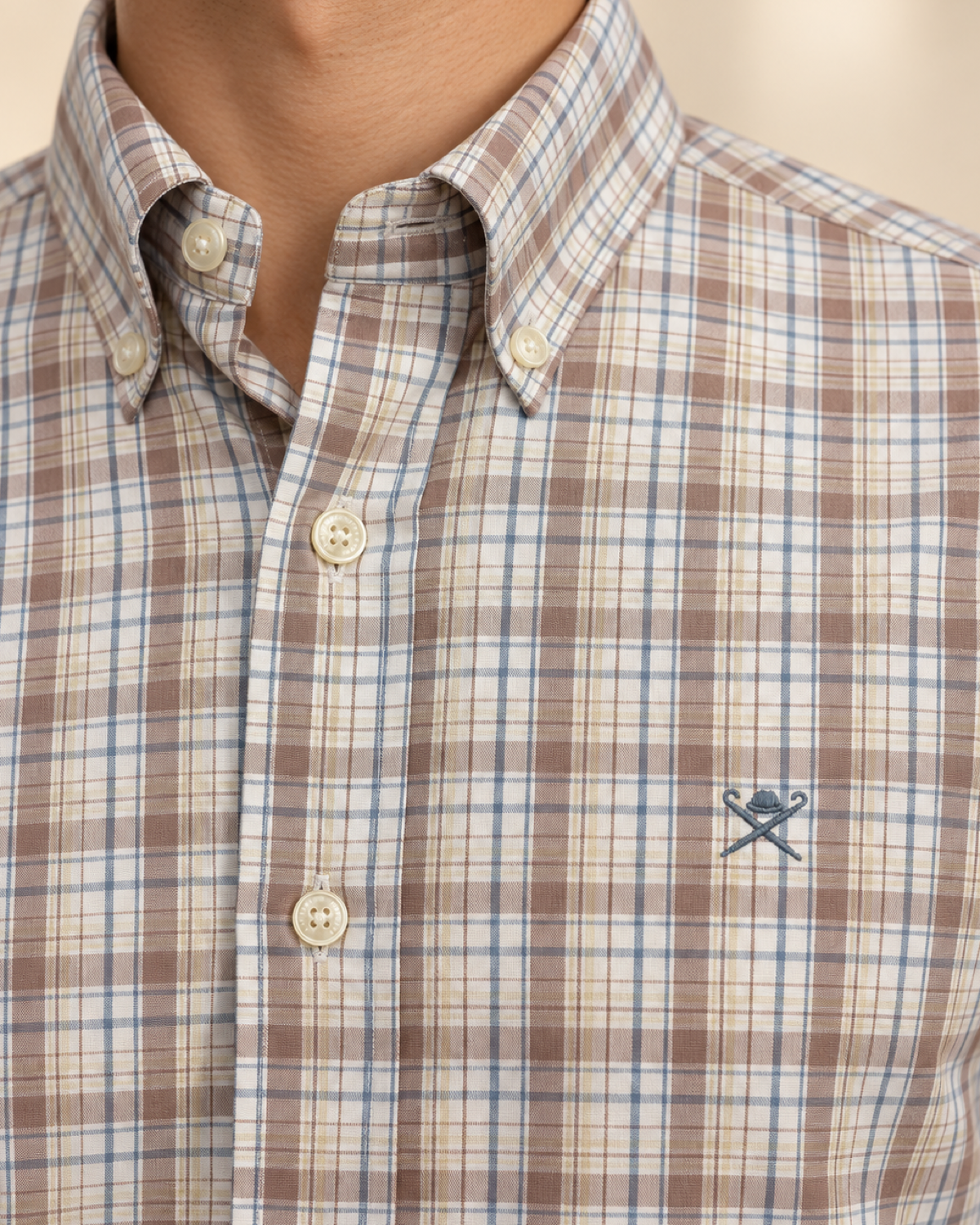 HKTT — Ivory Taupe Plaid Button-Down Shirt — detail view