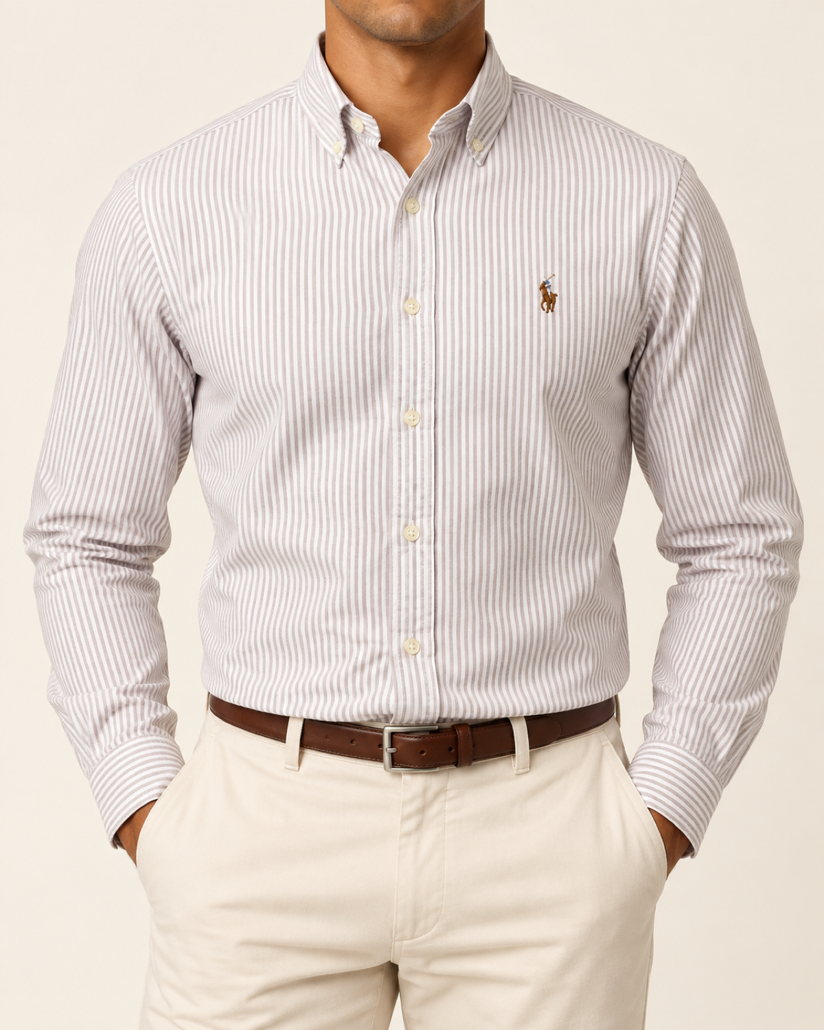 RL — Off-White & Taupe Grey Striped Button-Down Shirt — front view