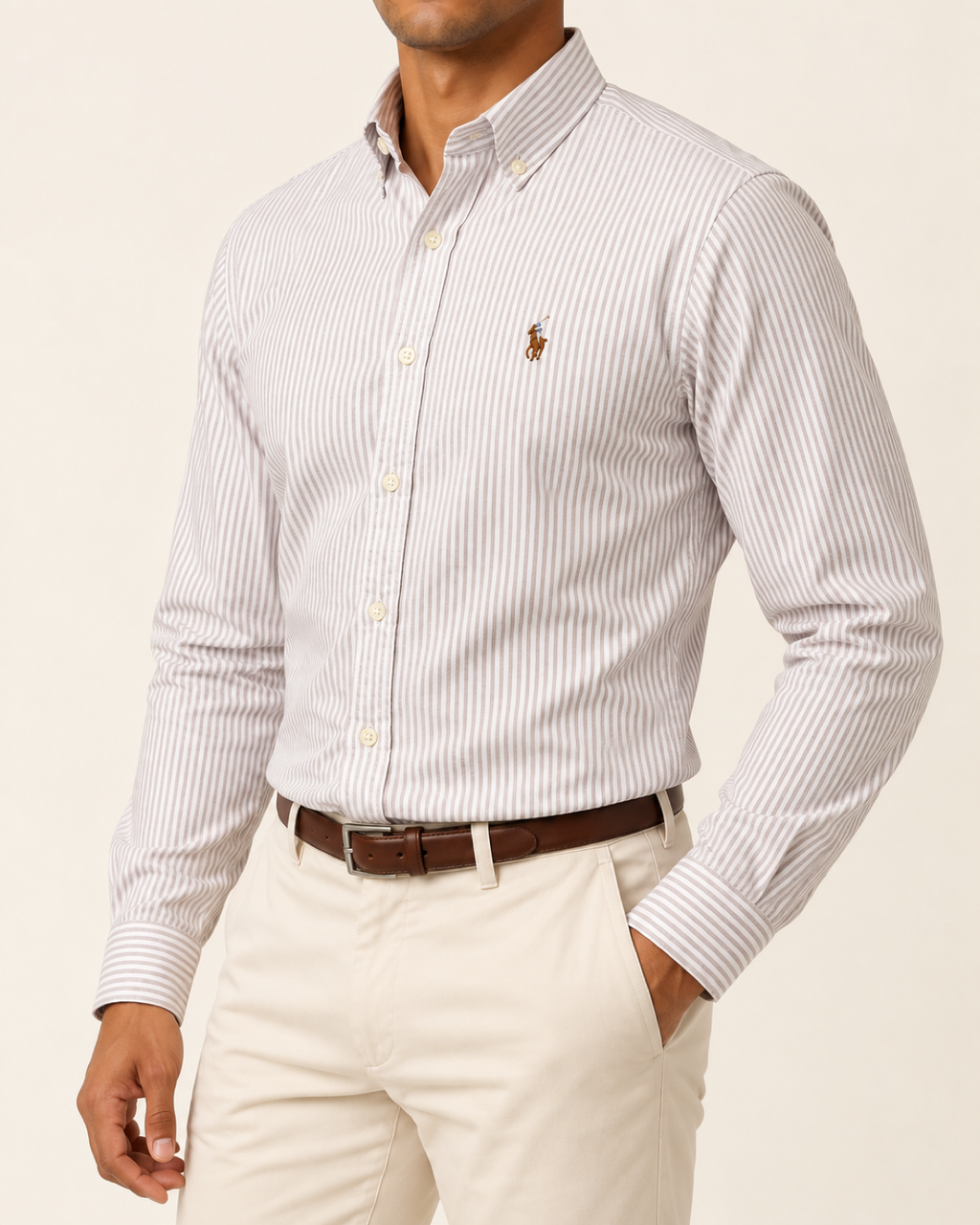 RL — Off-White & Taupe Grey Striped Button-Down Shirt — side view