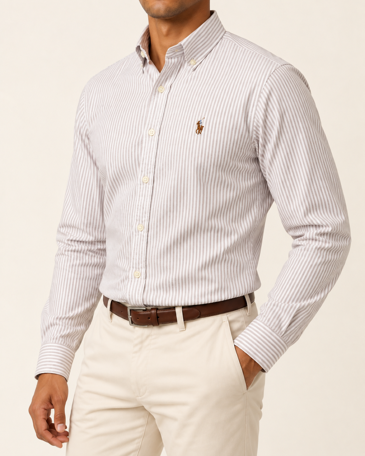 RL — Off-White & Taupe Grey Striped Button-Down Shirt — side view