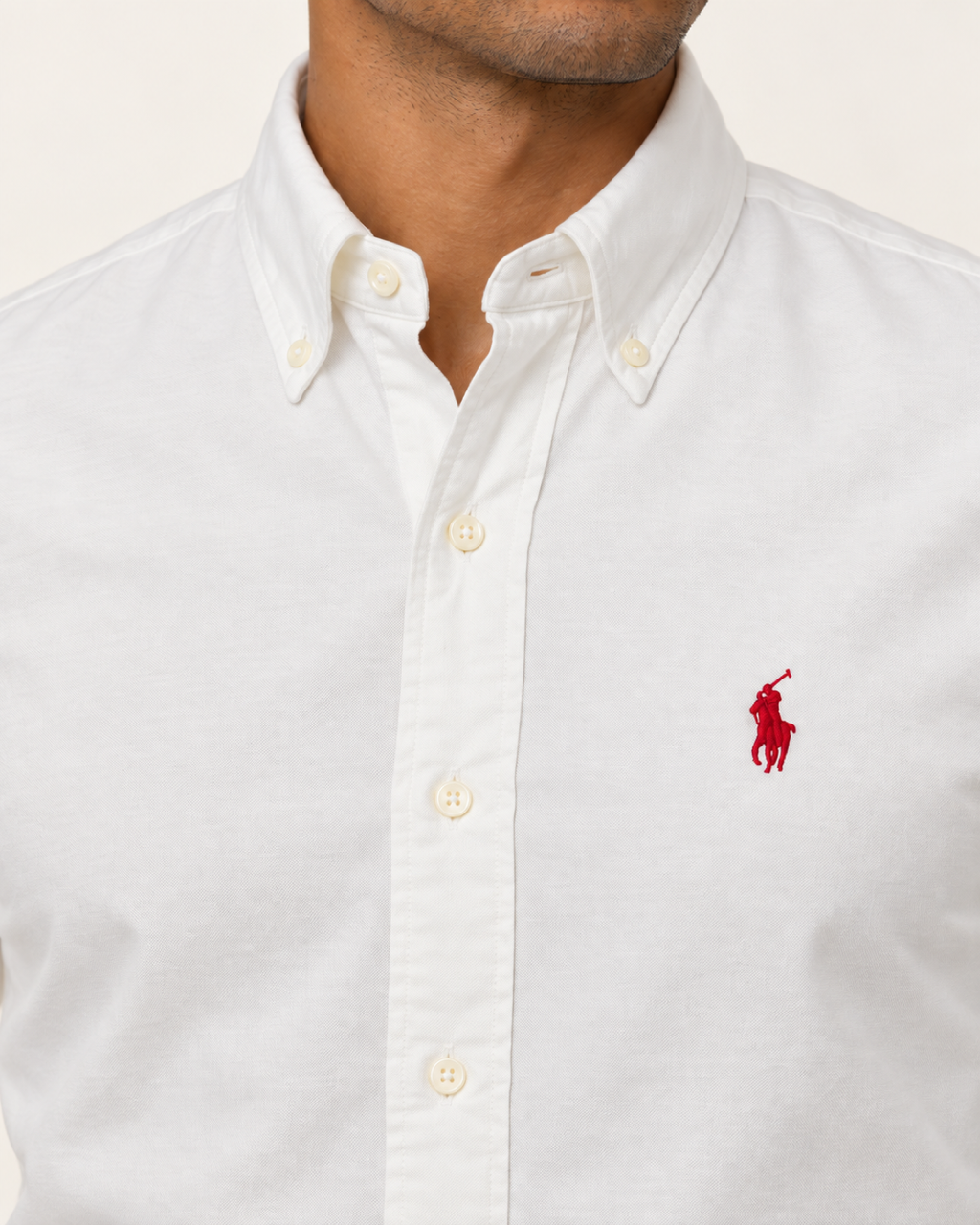 RL — White Button-Down Shirt With Red Embroidery — detail view