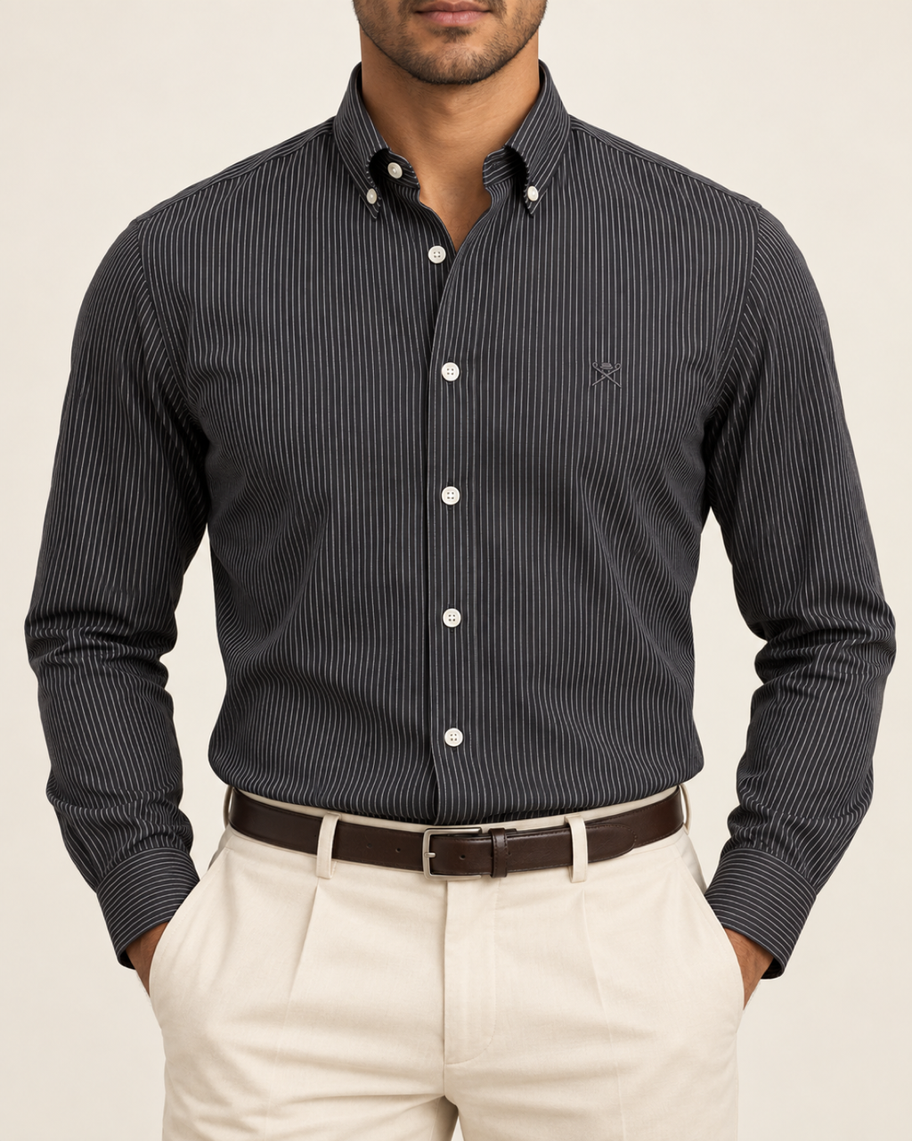 HKTT — Charcoal Fine Pinstripe Button-Down Shirt — front view