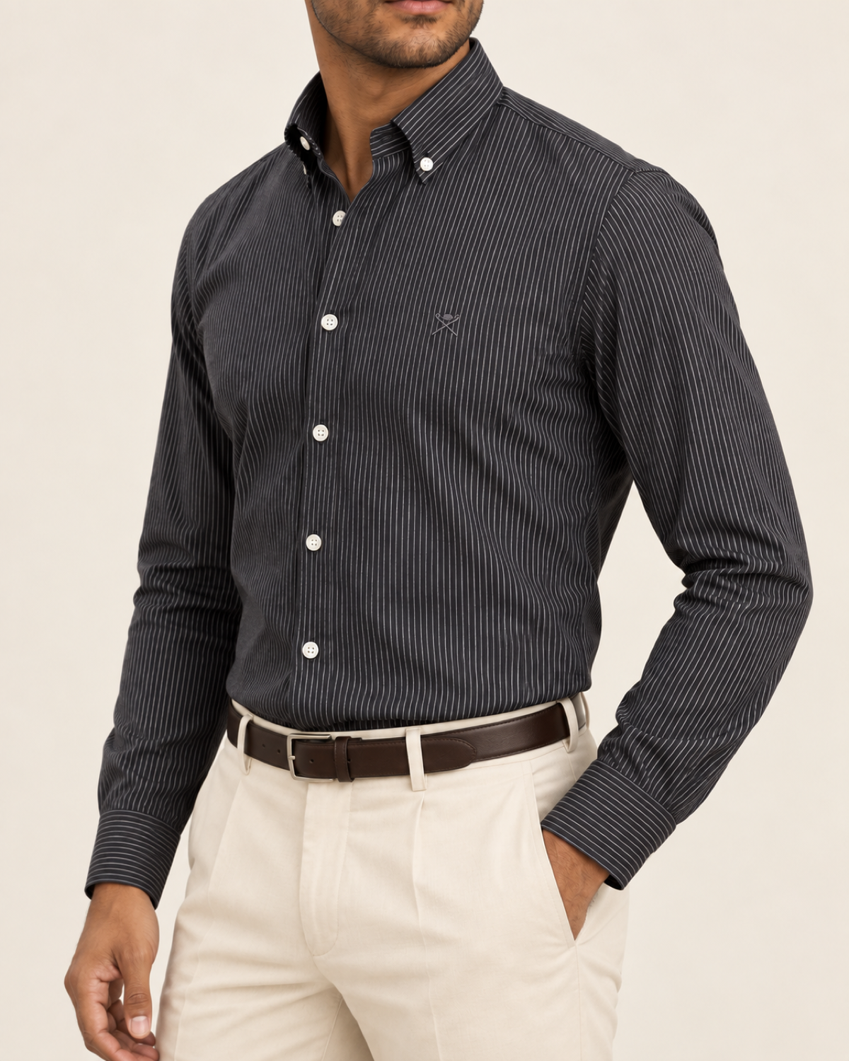 HKTT — Charcoal Fine Pinstripe Button-Down Shirt — side view