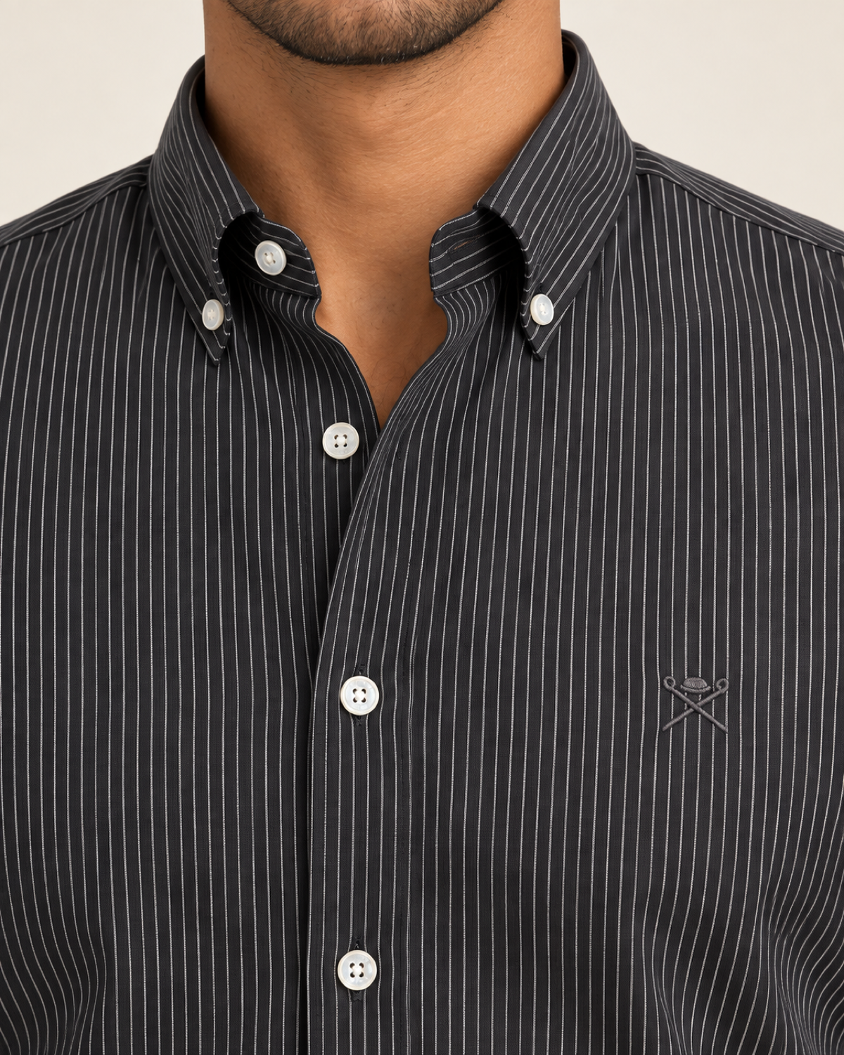 HKTT — Charcoal Fine Pinstripe Button-Down Shirt — detail view