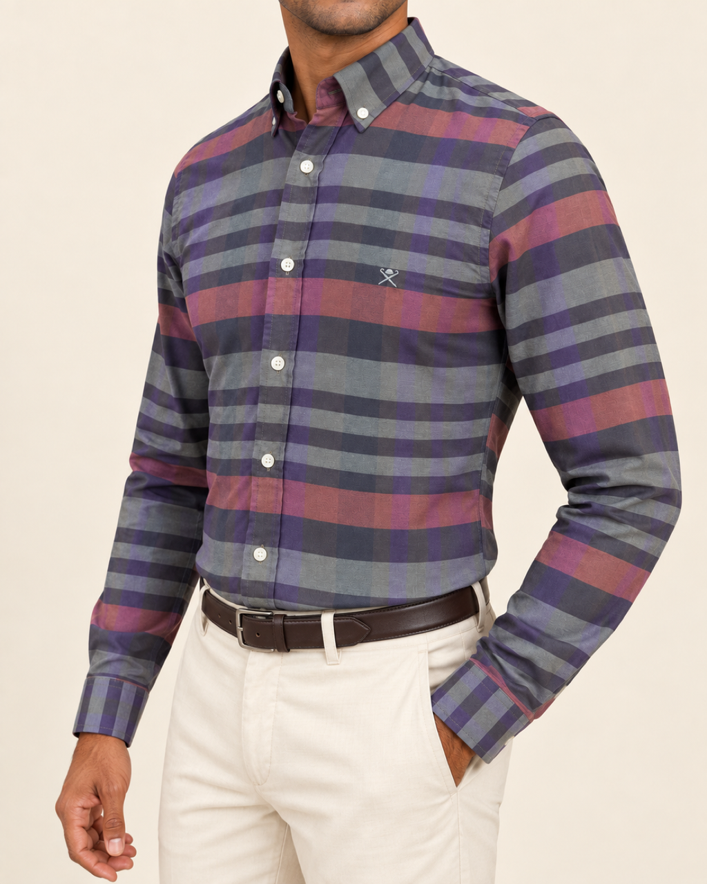 HKTT — Charcoal Plum Broad Check Button-Down Shirt — side view