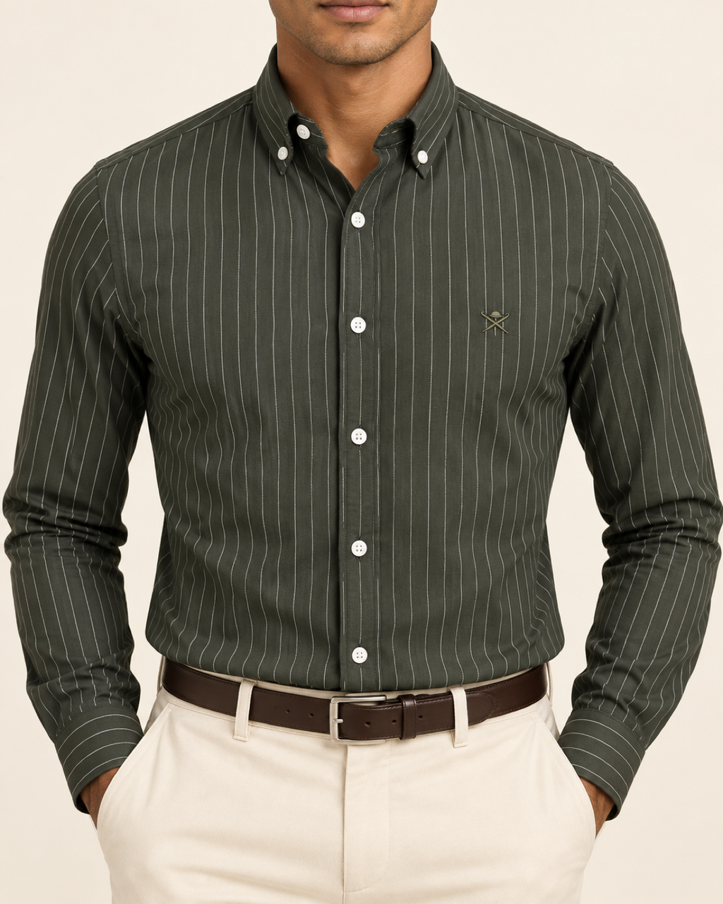 HKTT — Dark Olive Pinstripe Button-Down Shirt — front view