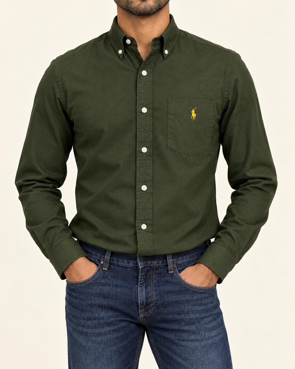 RL — Dark Olive Pocket Button-Down Shirt — front view