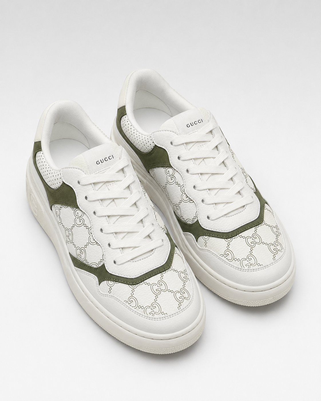 Men’s White & Olive patterned Low-Top Sneakers - premium gucci low top sneakers