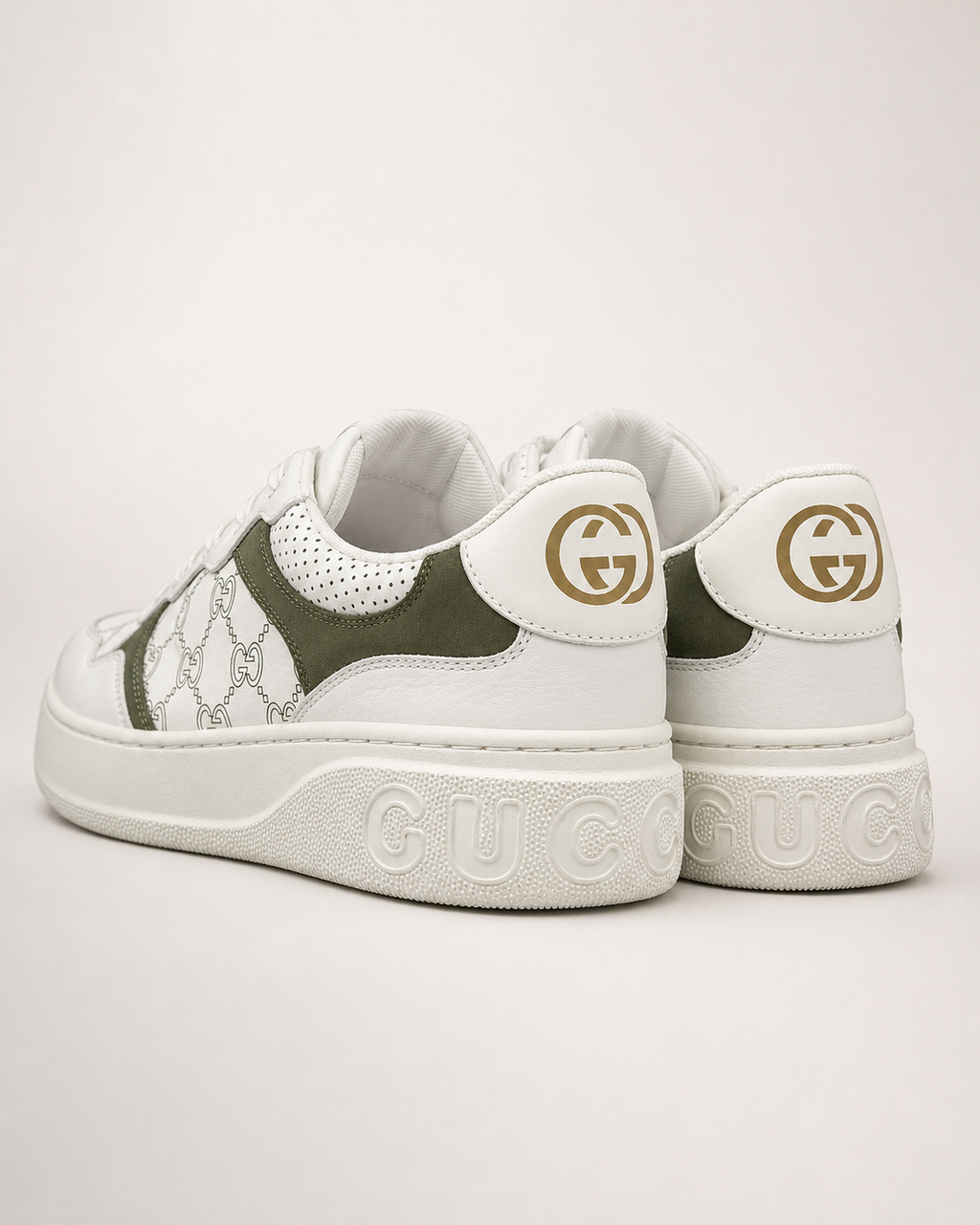 Men’s White & Olive patterned Low-Top Sneakers - premium gucci sneakers rear view