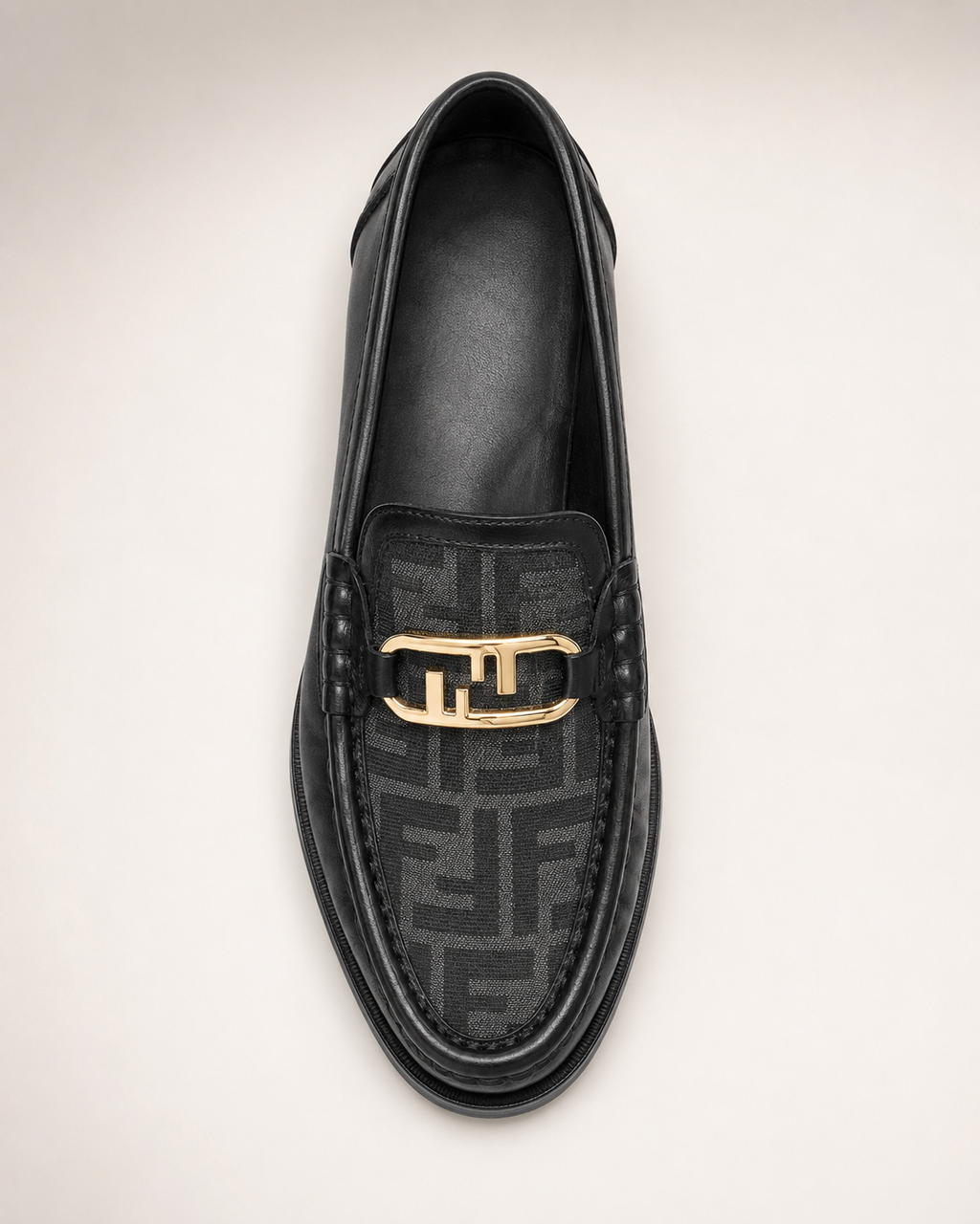 Men’s Black patterned Gold-Buckle Loafers - premium men's woven loafer top view