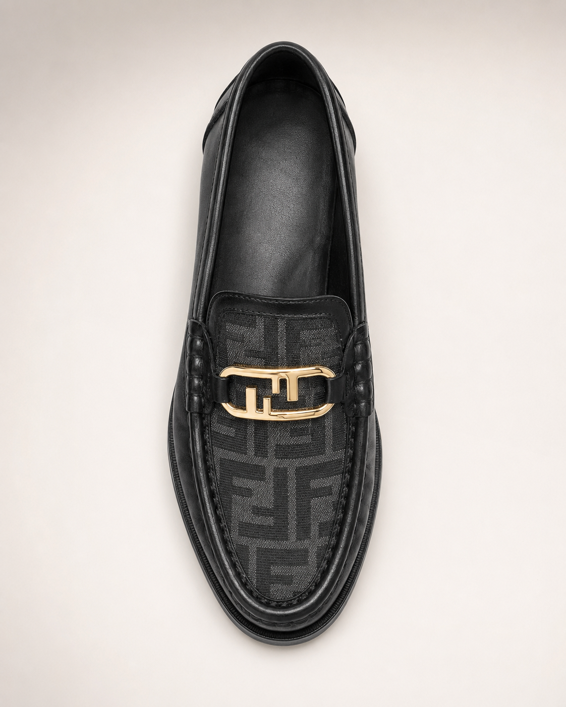 Men’s Black patterned Gold-Buckle Loafers - premium men's woven loafer top view