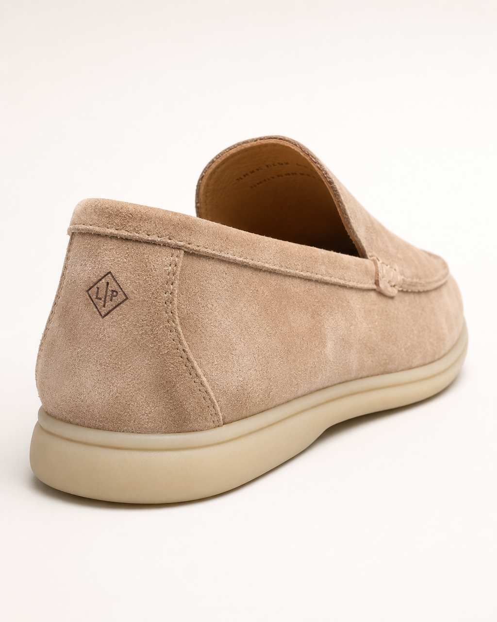 Men’s Taupe Suede Loafers - premium suede loafer heel detail