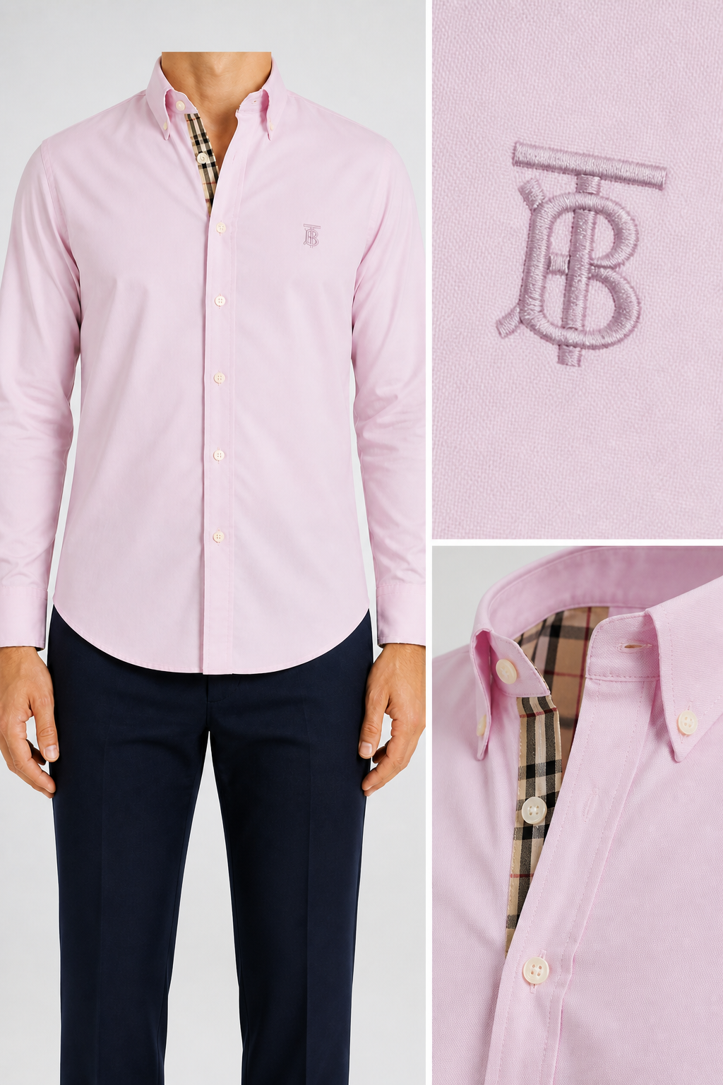 Men’s Light Pink Check-Detail Shirt - soft pink check shirt model details combined