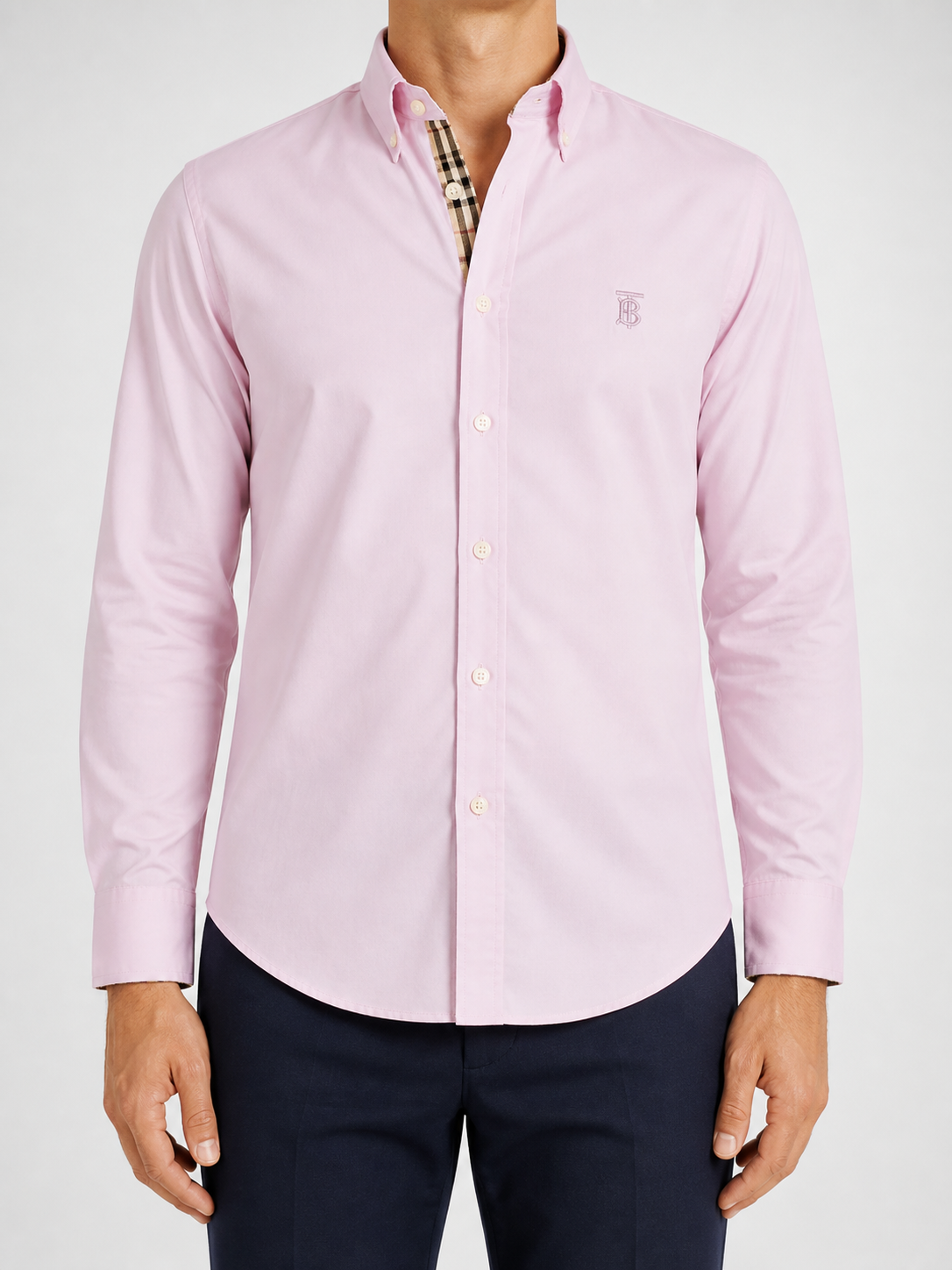 Men’s Light Pink Check-Detail Shirt - soft pink check shirt model front