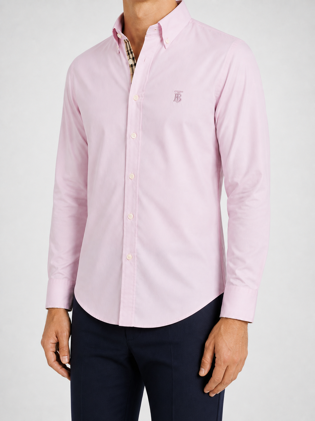 Men’s Light Pink Check-Detail Shirt - soft pink check shirt model left three quarter