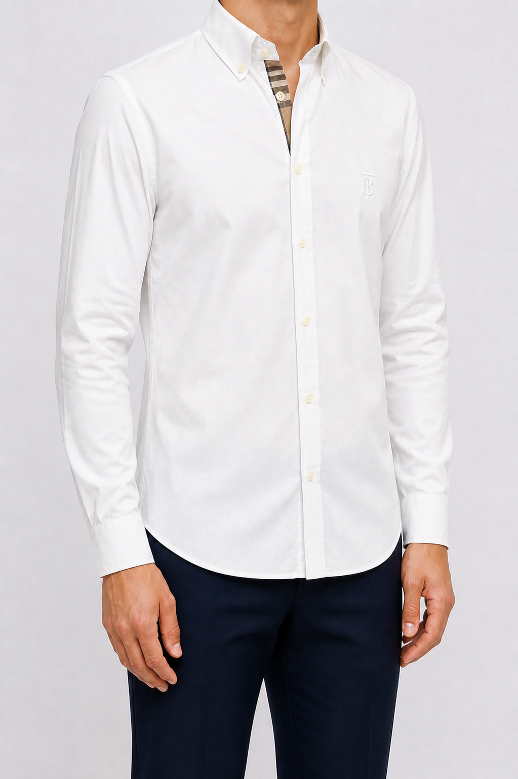 Men’s Classic White Check-Detail Shirt - white check trim shirt model right three quarter