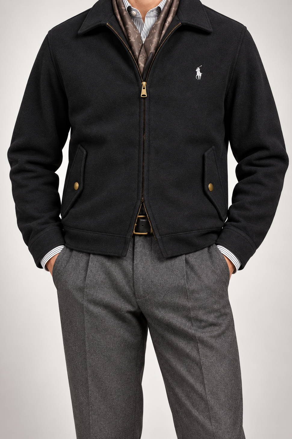 RL — Black Embroidered Full-Zip Jacket — front
