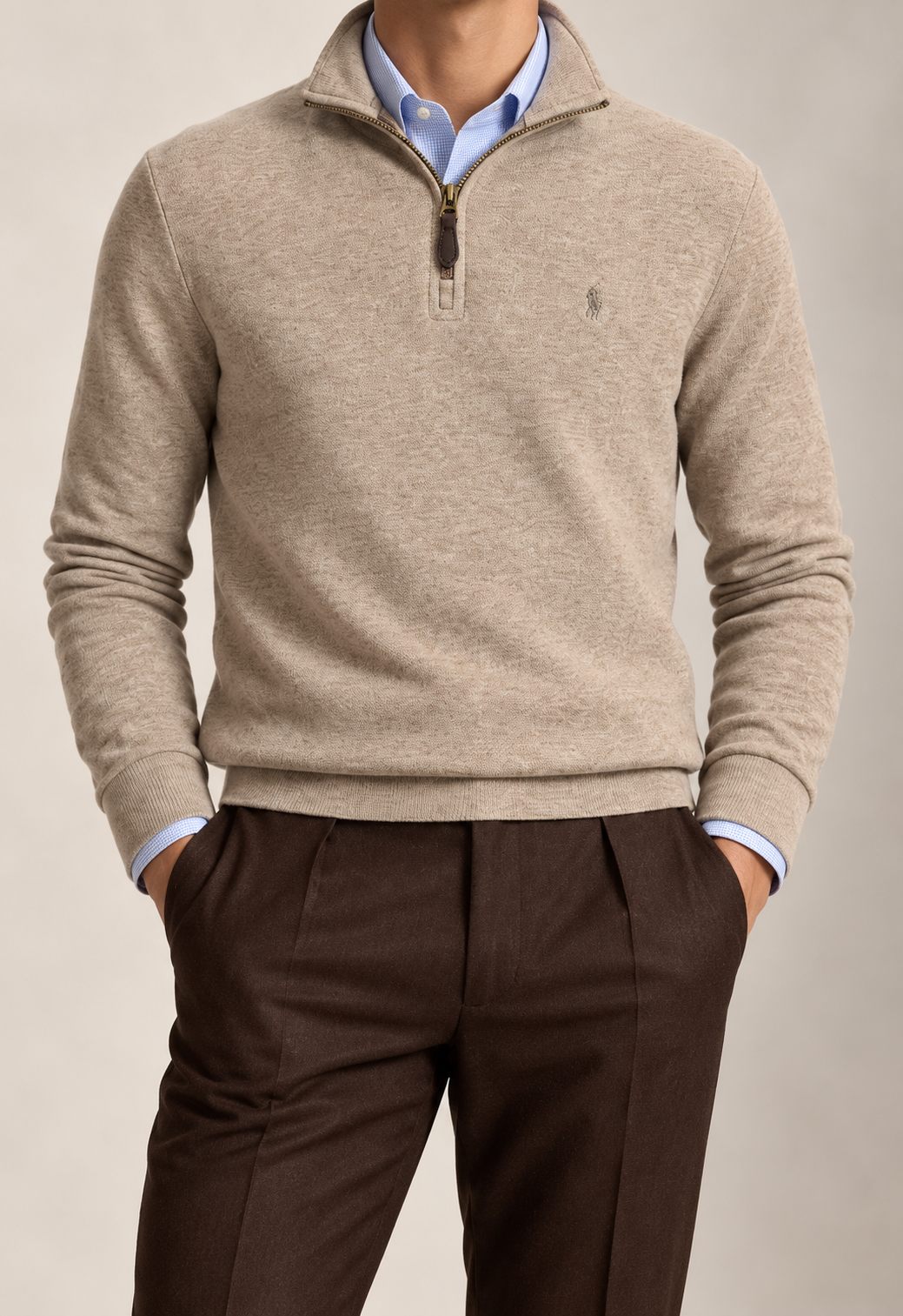 RL — Oatmeal Tonal-Emblem Quarter-Zip Pullover — front