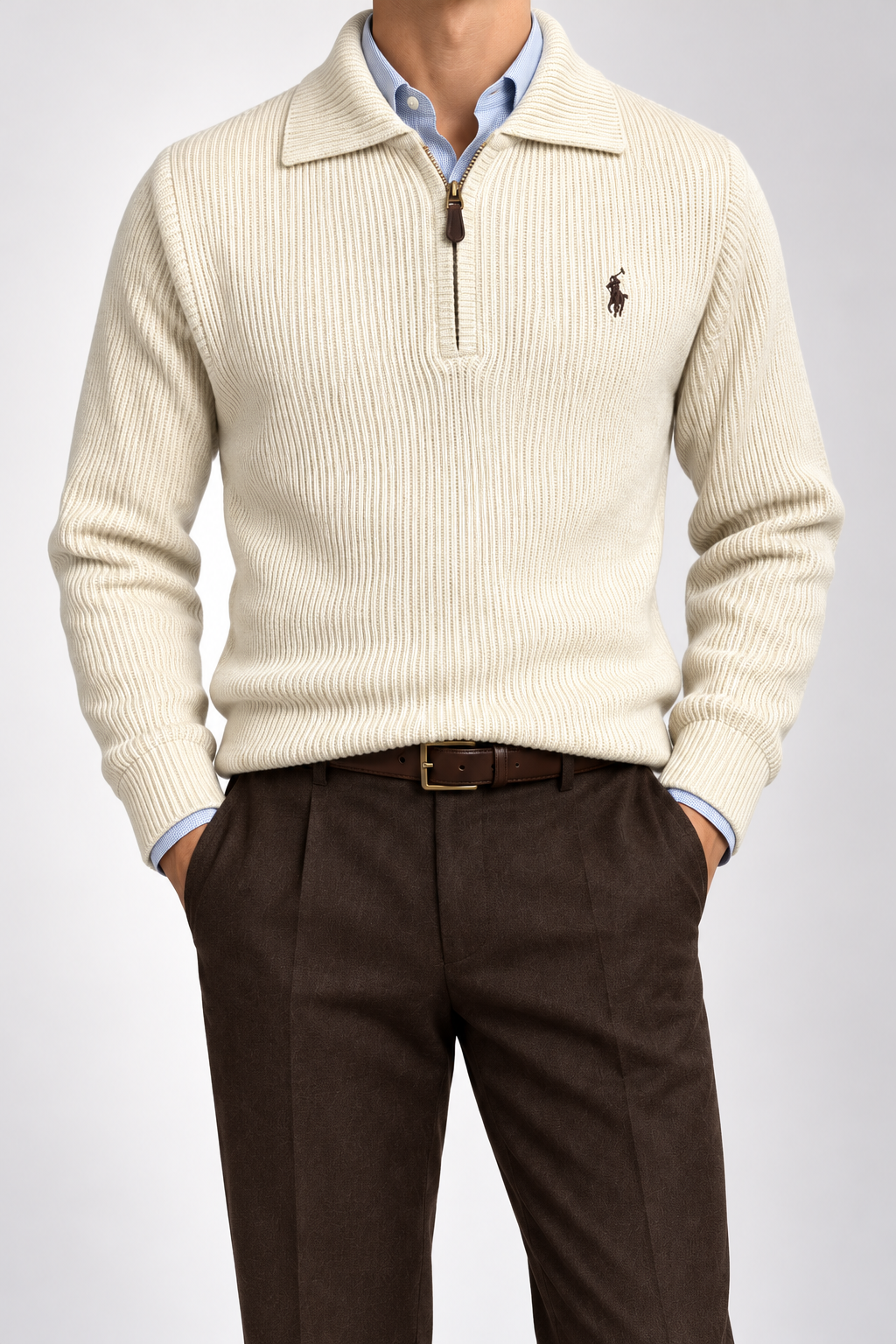 RL — Ivory Ribbed Quarter-Zip Pullover — front