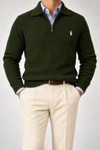 RL — Olive Ribbed Quarter-Zip Pullover