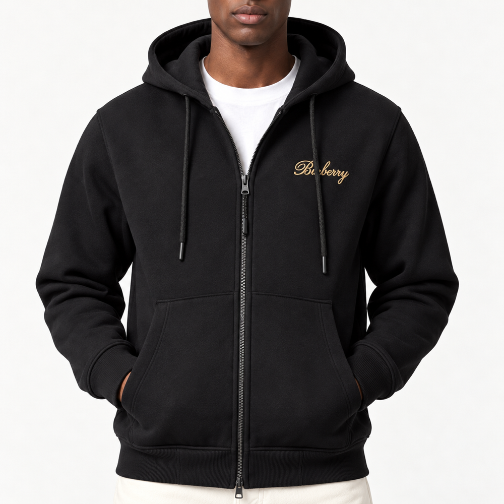 BRBRY — Black Check-Script Full-Zip Hoodie — front