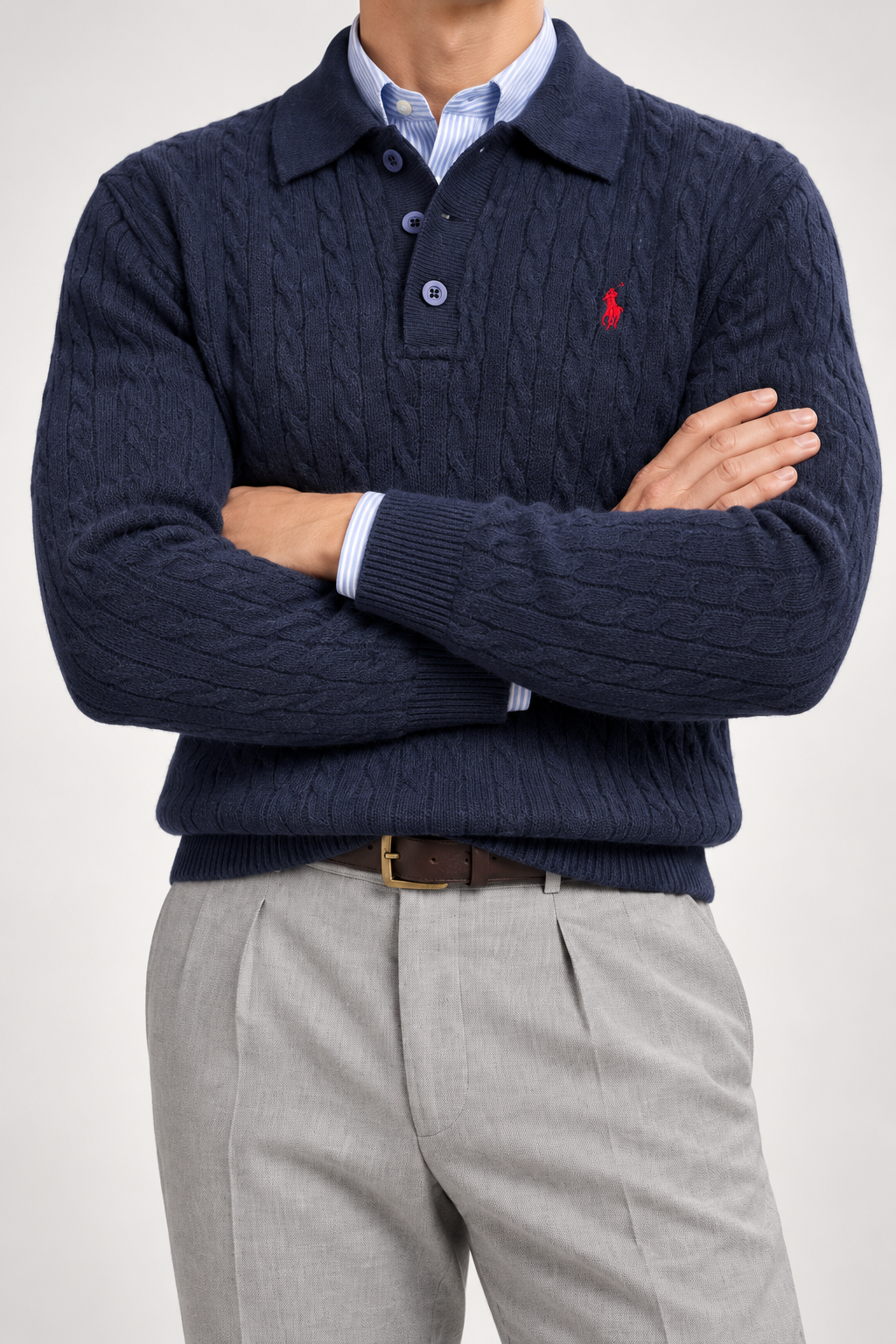 RL — Navy Cable-Knit Long-Sleeve Polo Pullover — additional