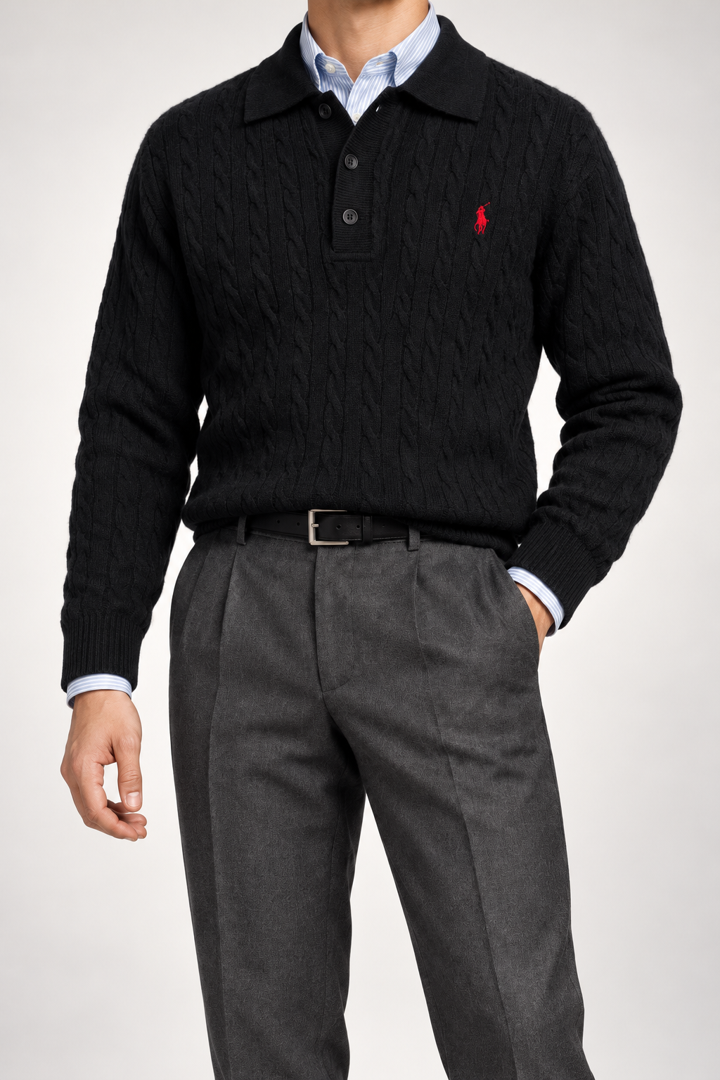 RL — Black Cable-Knit Long-Sleeve Polo Pullover — additional