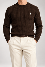 RL — Chocolate-Brown Cable-Knit Crew-Neck Jumper