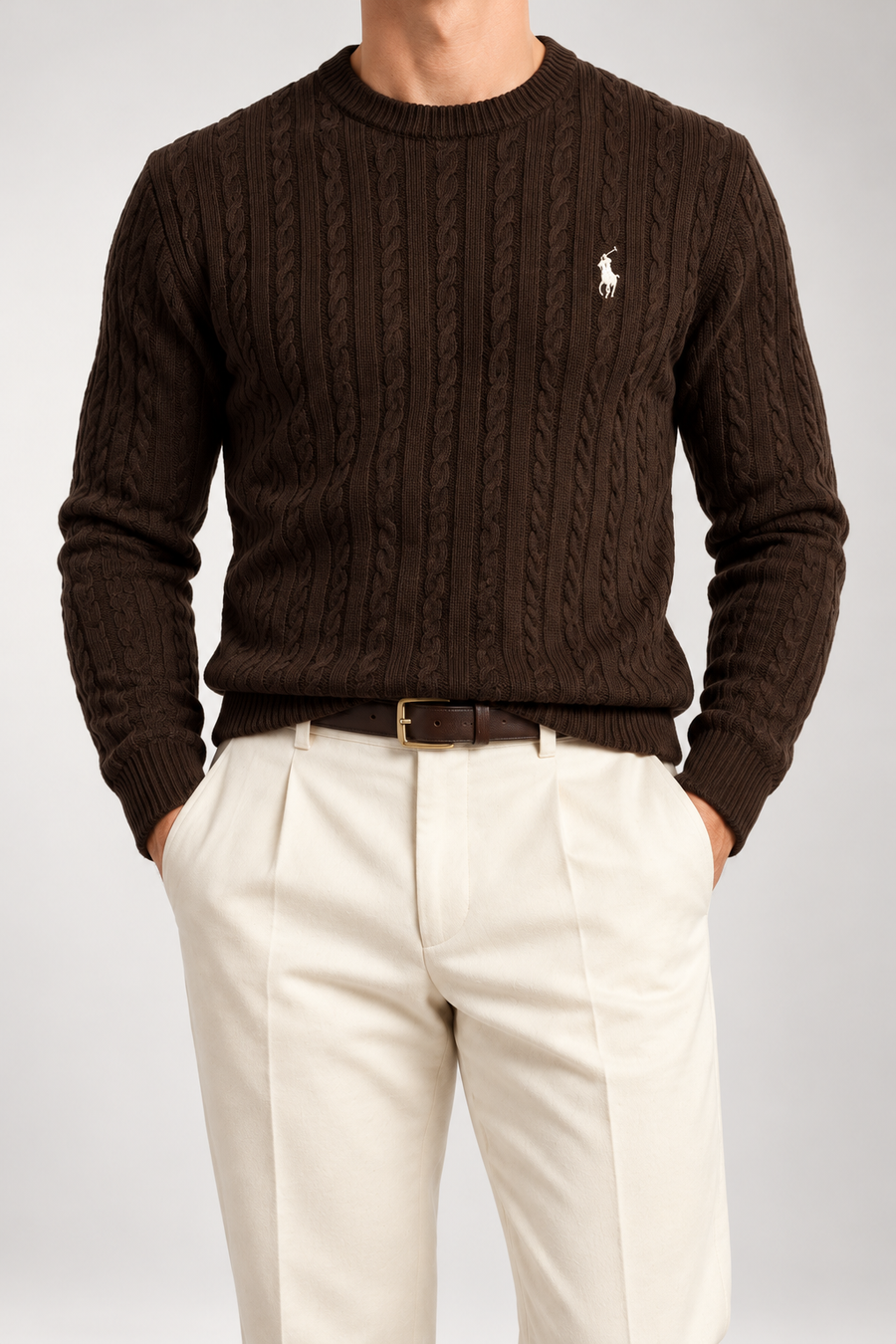 RL — Chocolate-Brown Cable-Knit Crew-Neck Jumper — front